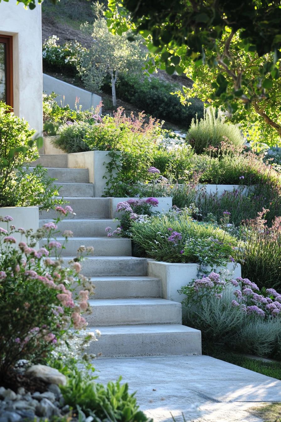 lush green mediterranean modern garden with native geometric shrubs and flowers concrete steps outdoor patio