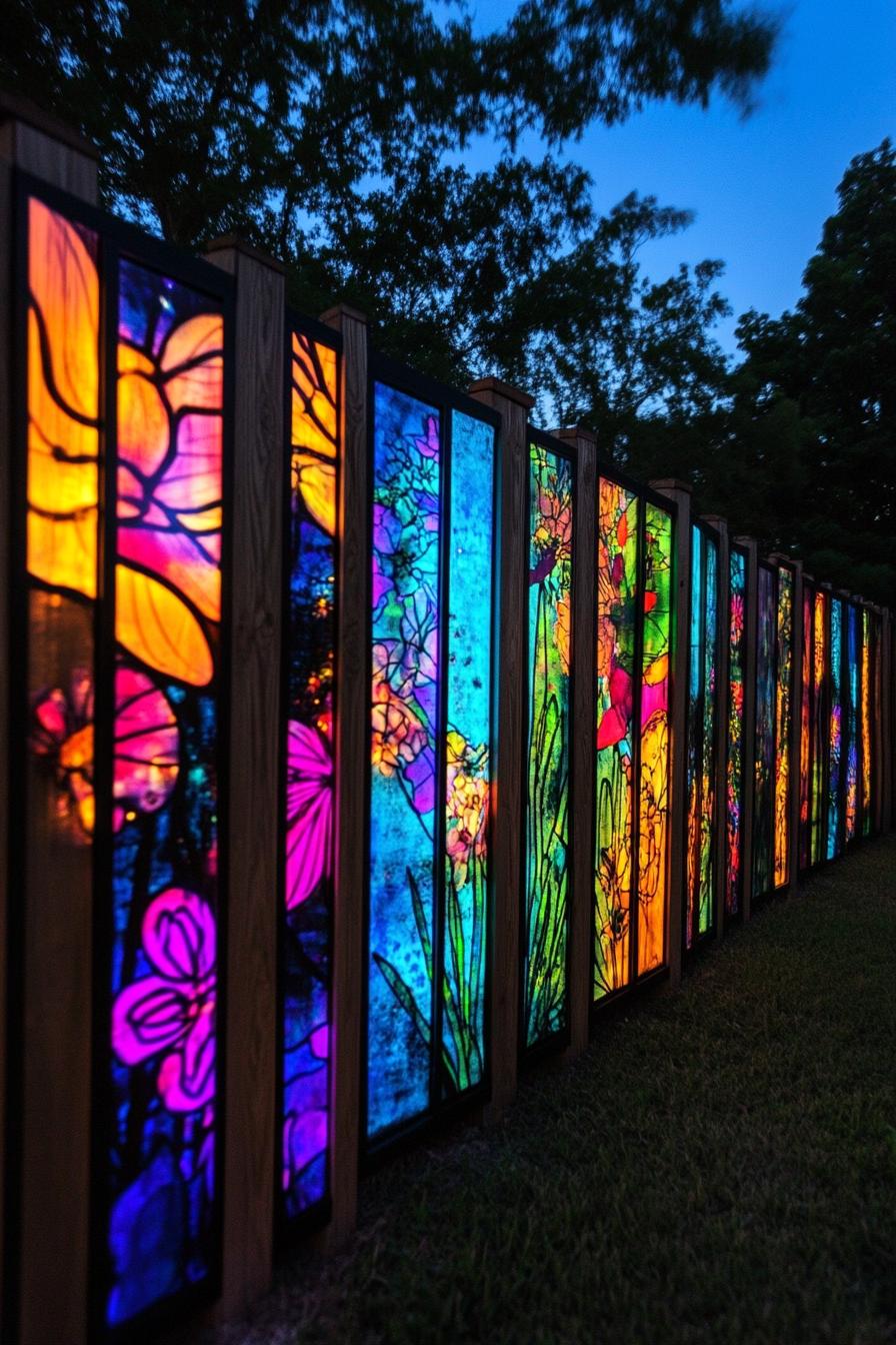 modern backyard wooden panel fence with glowing fluorescent paint art at night