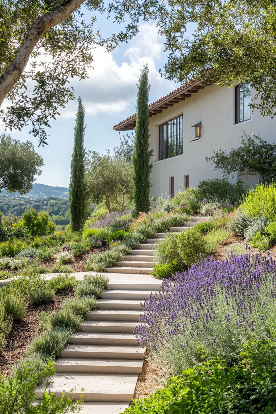 French modern cottage garden with geometric path with steps geometric shrubs italian cypress 1