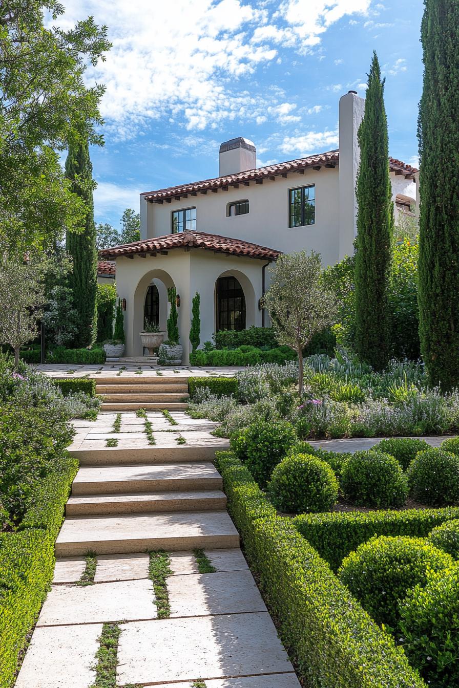 French modern cottage garden with geometric path with steps geometric shrubs italian cypress 2