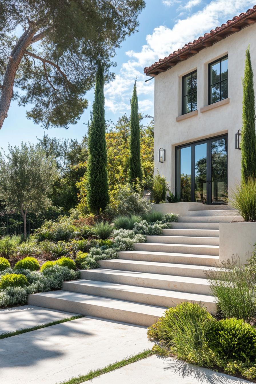 French modern cottage garden with geometric path with steps geometric shrubs italian cypress