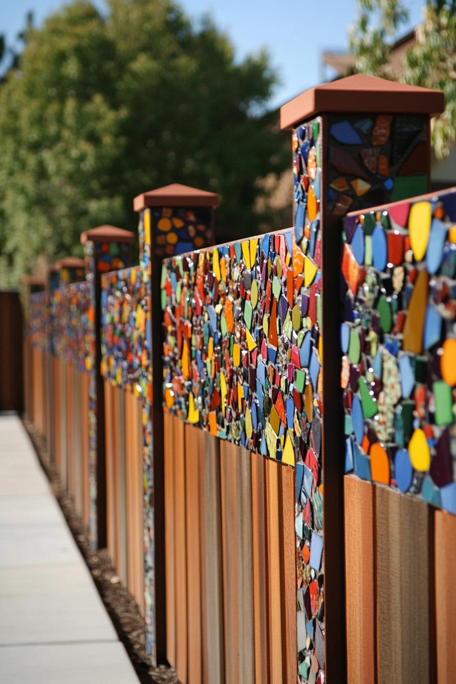 modern backyard fence with colorful recycled tile mosaic 1