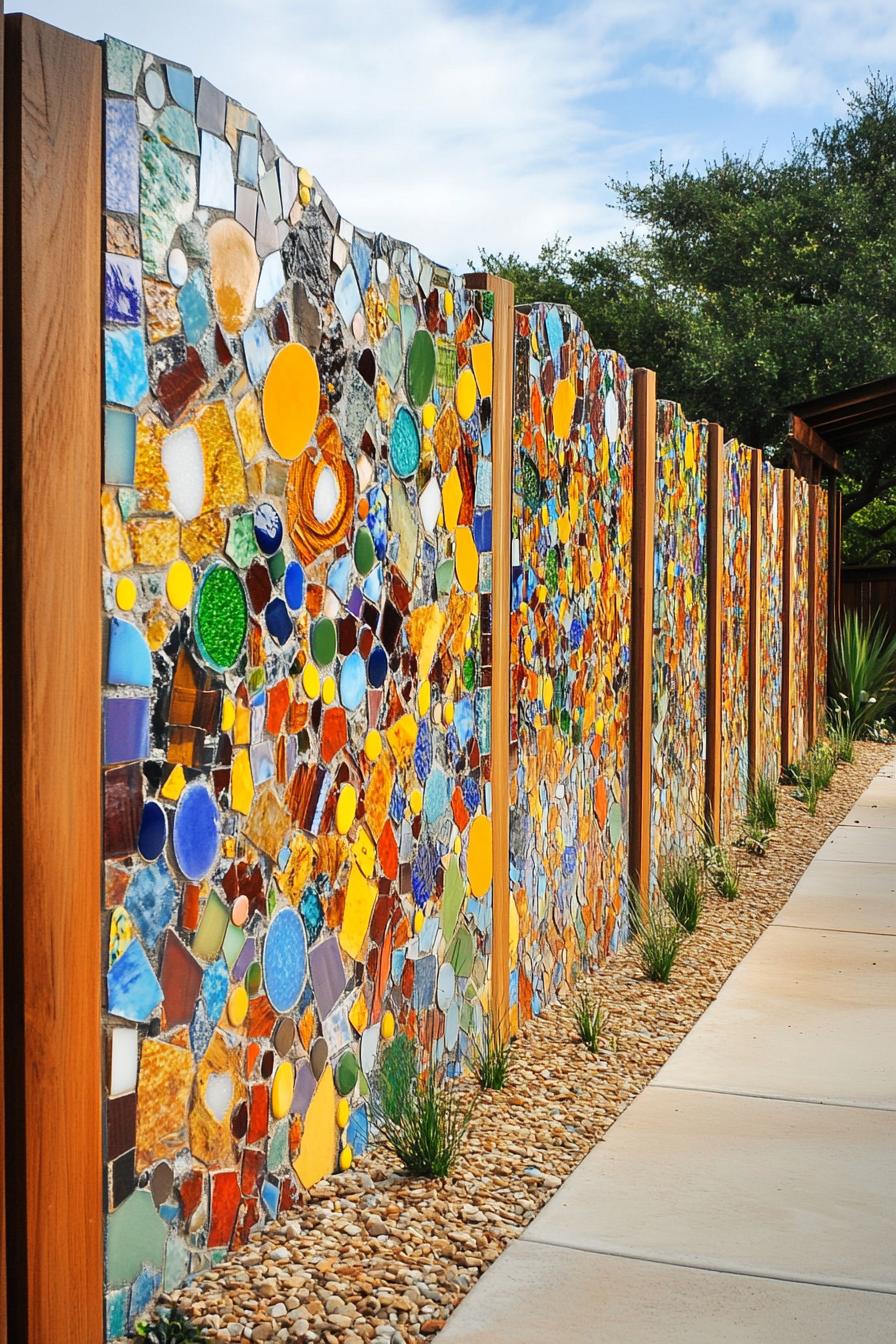 modern backyard fence with colorful recycled tile mosaic 2