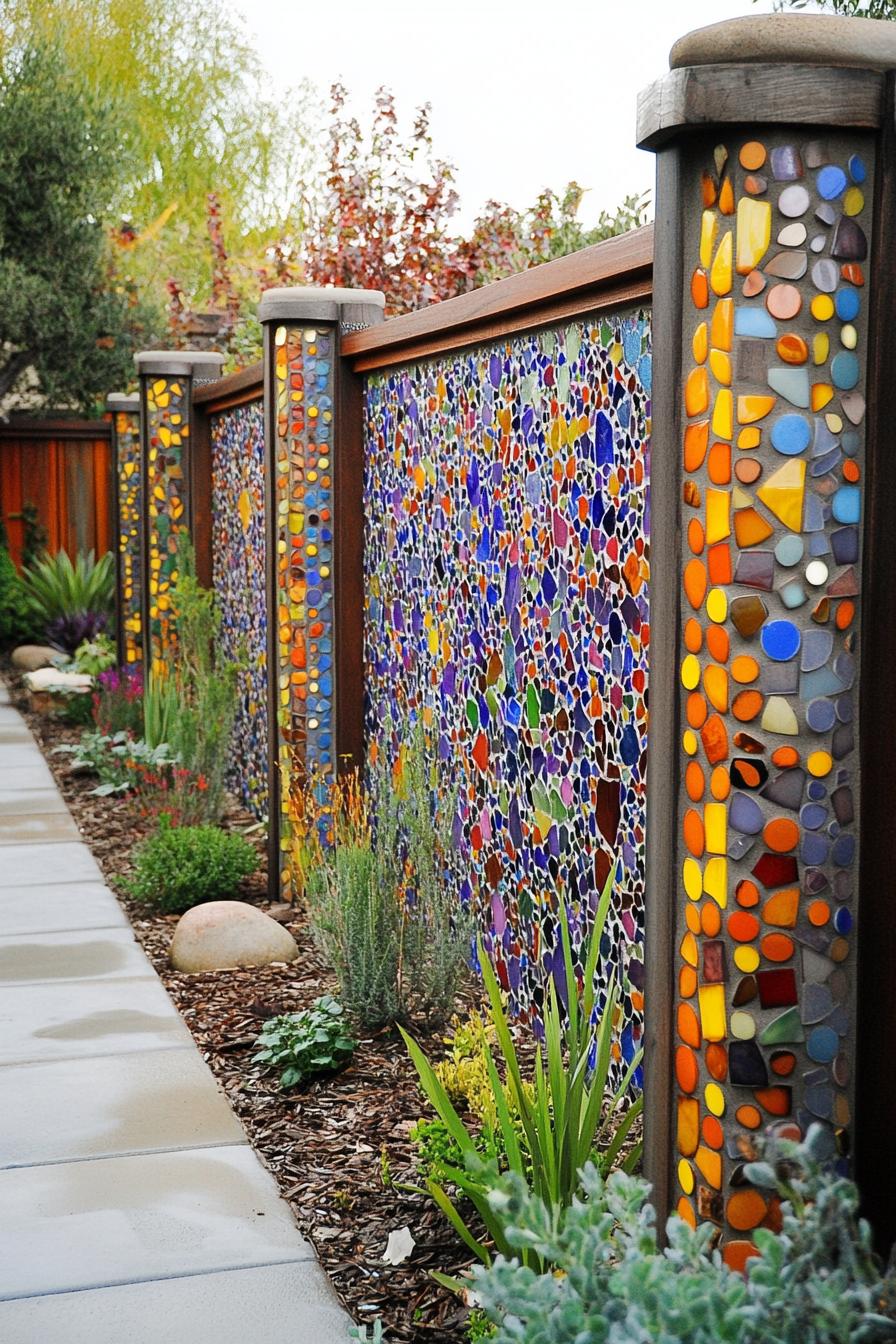 modern backyard fence with colorful recycled tile mosaic 3