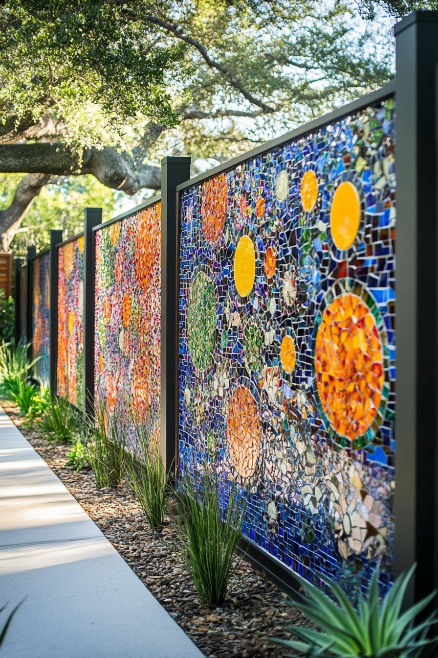 modern backyard fence with colorful recycled tile mosaic