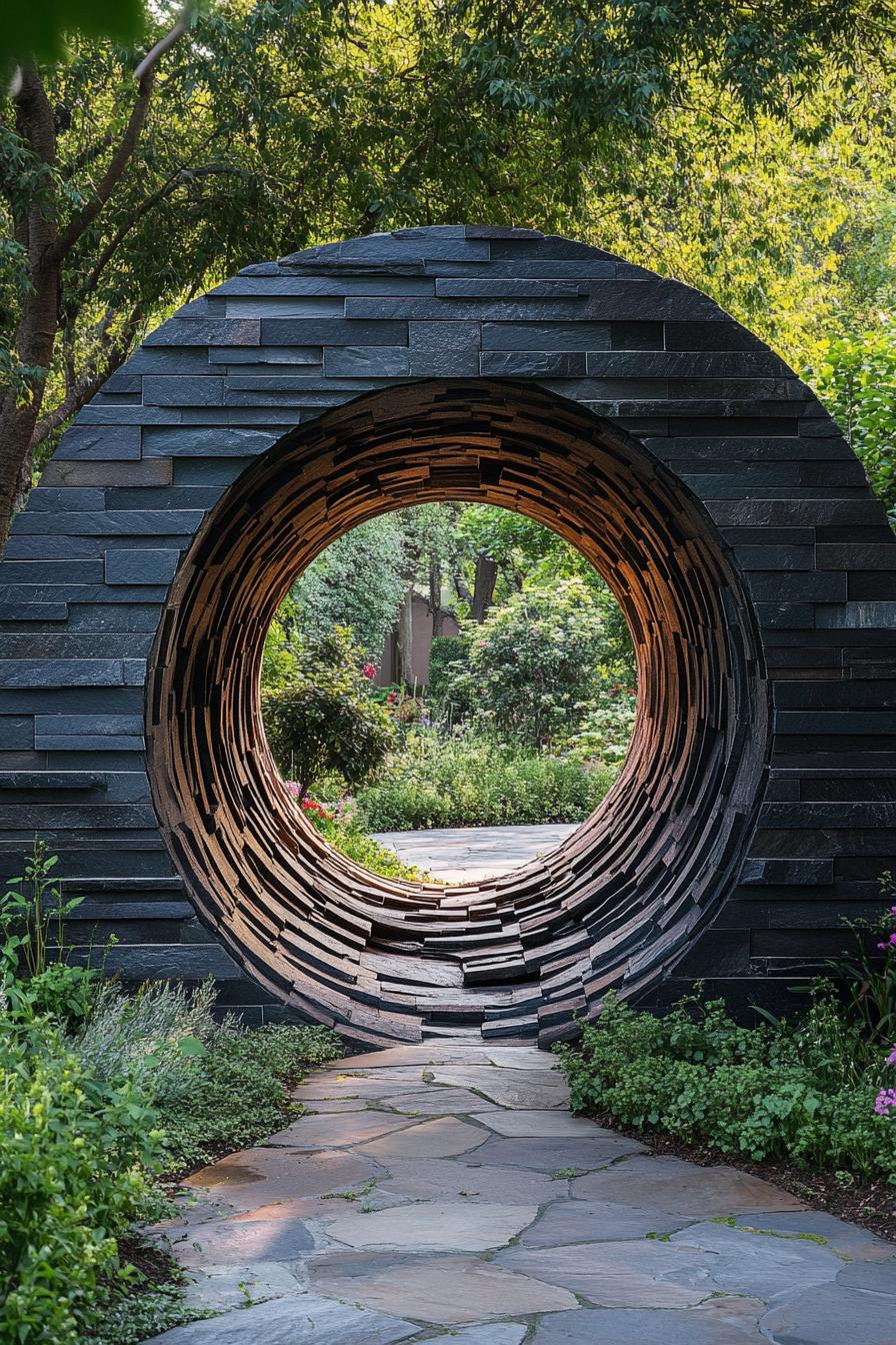 modern garden round entrance gate made of slate stone 1