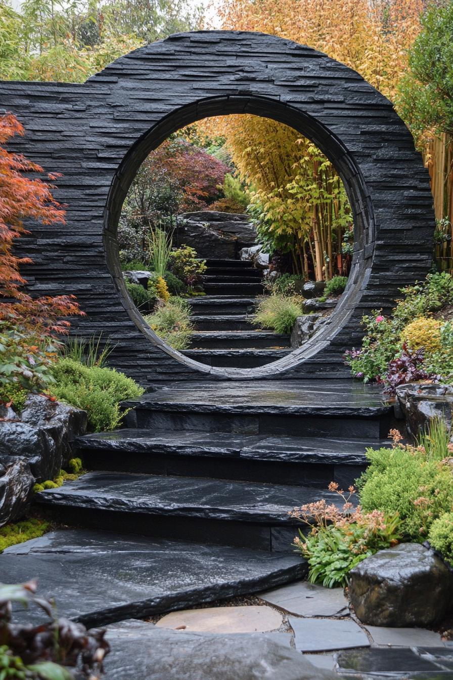 modern garden round entrance gate made of slate stone 2