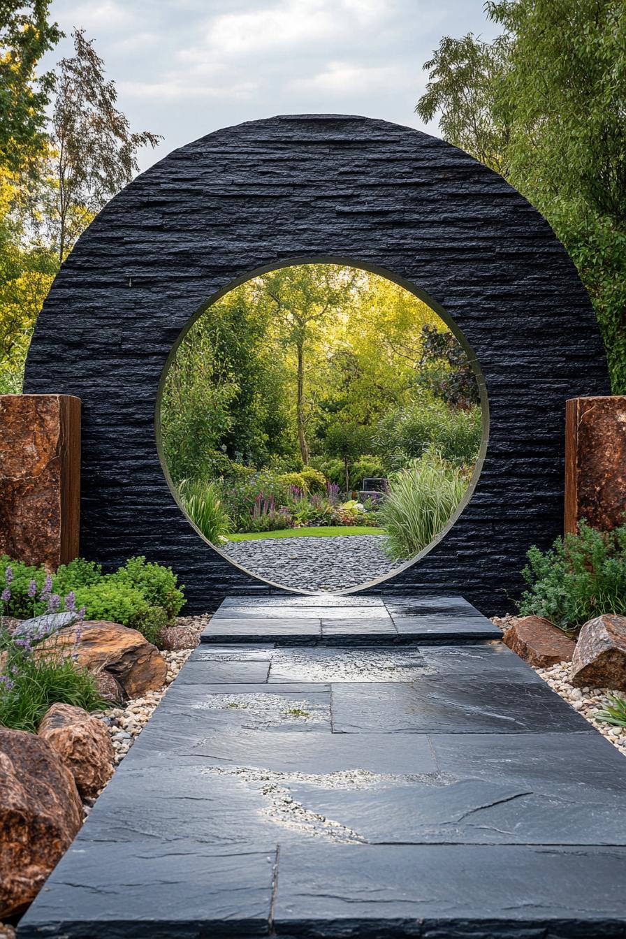 modern garden round entrance gate made of slate stone 3