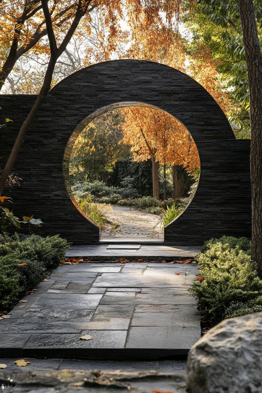 modern garden round entrance gate made of slate stone