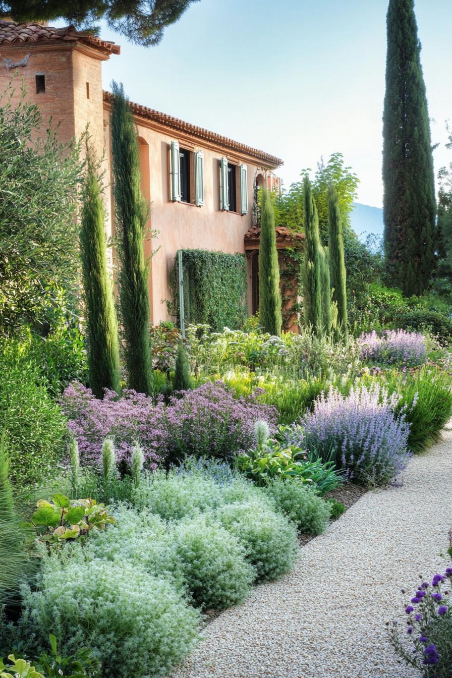 secluded Italian garden with lush native plants in various colors surrounded with tall walls 1