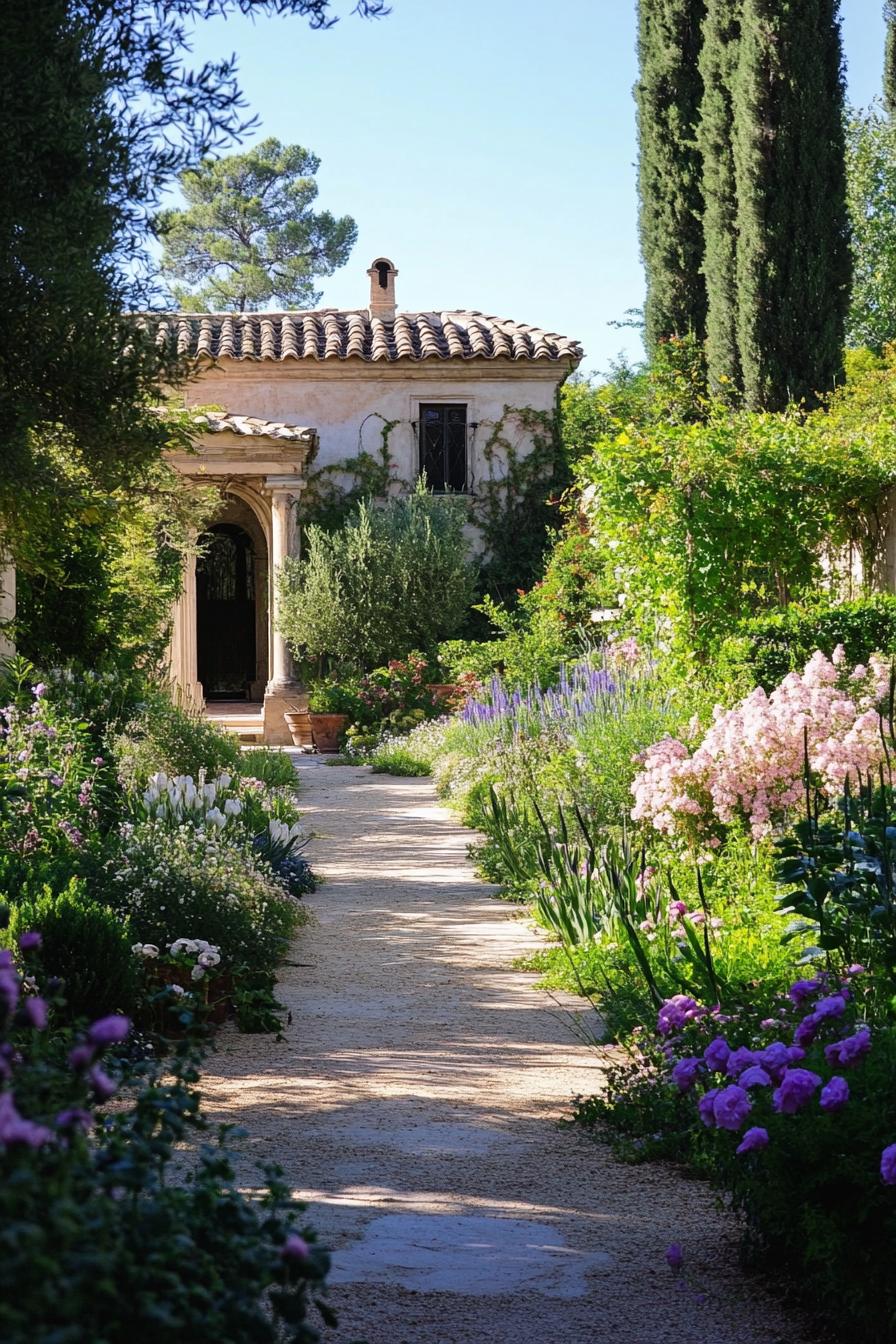 secluded Italian garden with lush native plants in various colors surrounded with tall walls 2