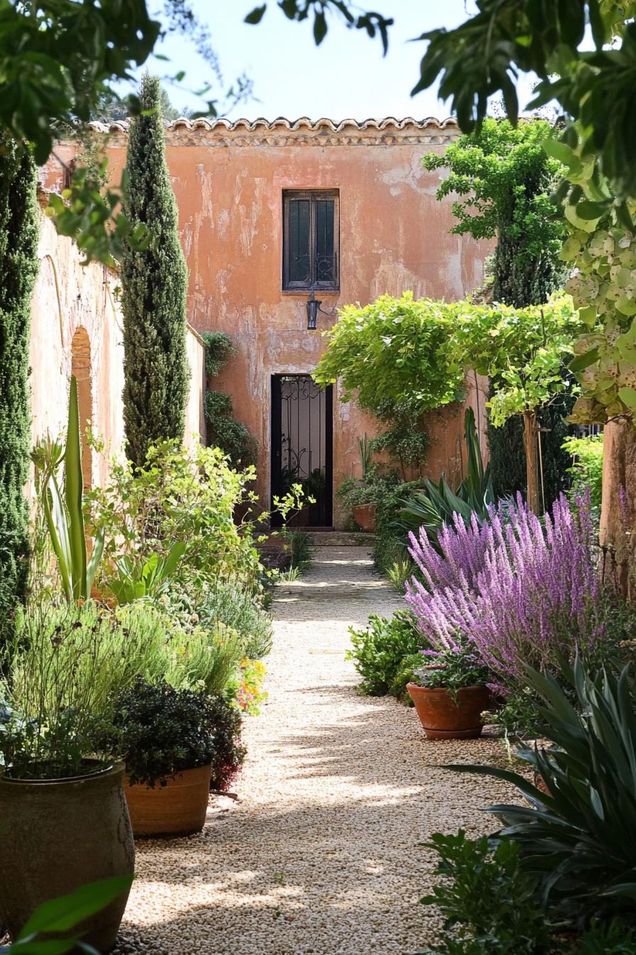 secluded Italian garden with lush native plants in various colors surrounded with tall walls 3