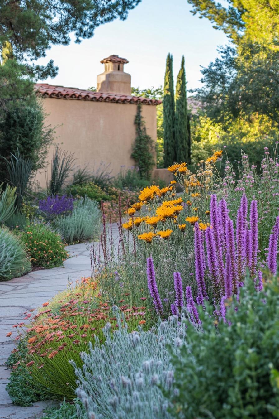 secluded Italian garden with lush native plants in various colors surrounded with tall walls