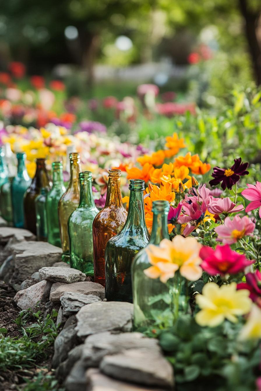 garden flower bed bordered with glass bottles of various colors 1