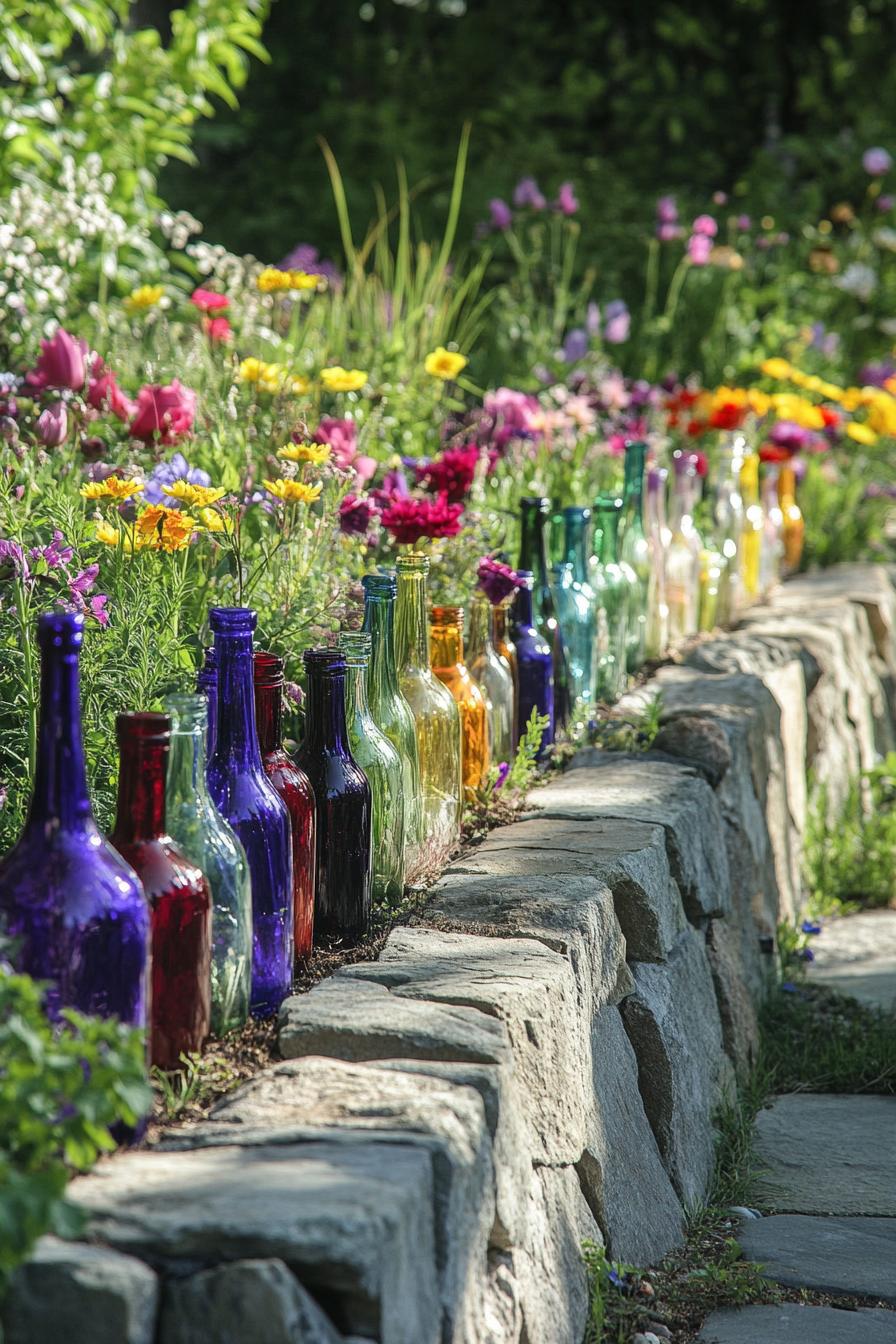 garden flower bed bordered with glass bottles of various colors