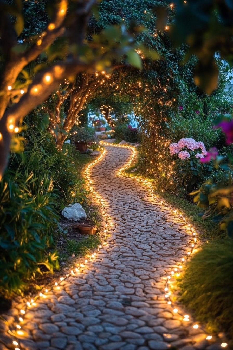 garden path with trees decorated with fairy lights the path is lined with LED garden lights 1