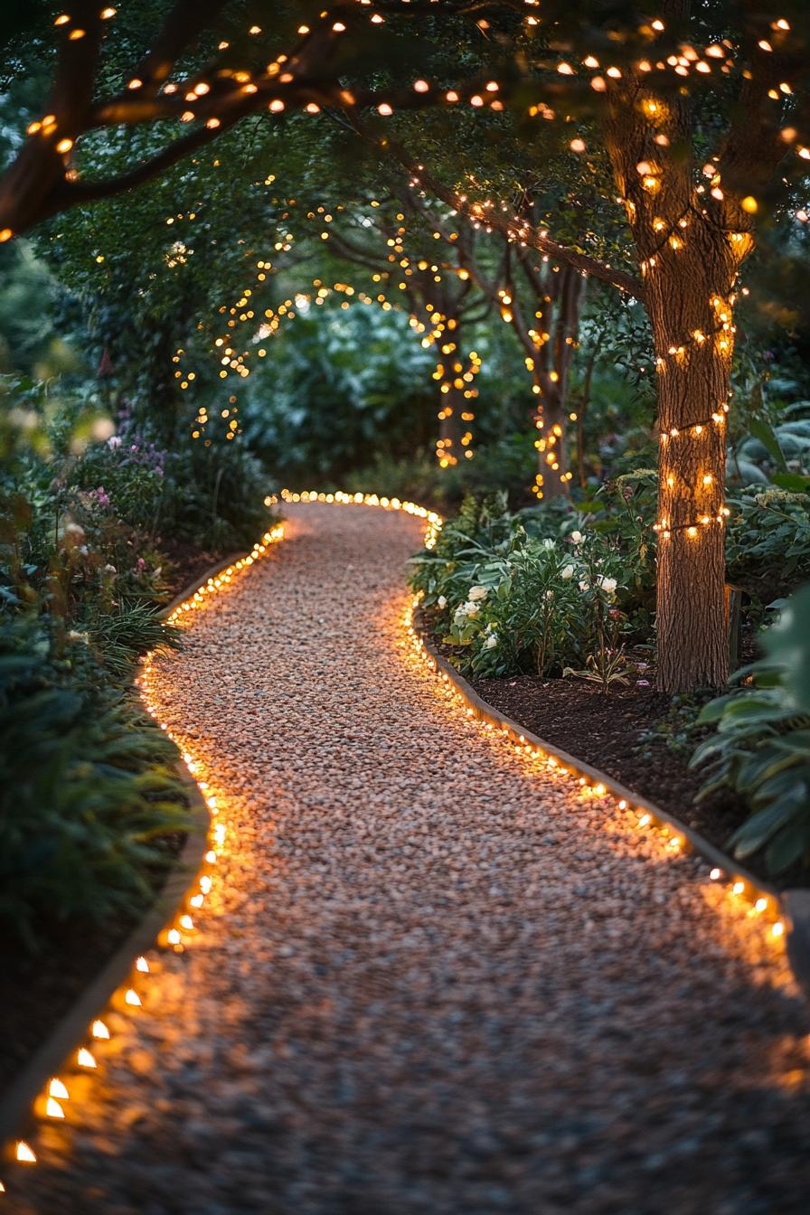 garden path with trees decorated with fairy lights the path is lined with LED garden lights 2