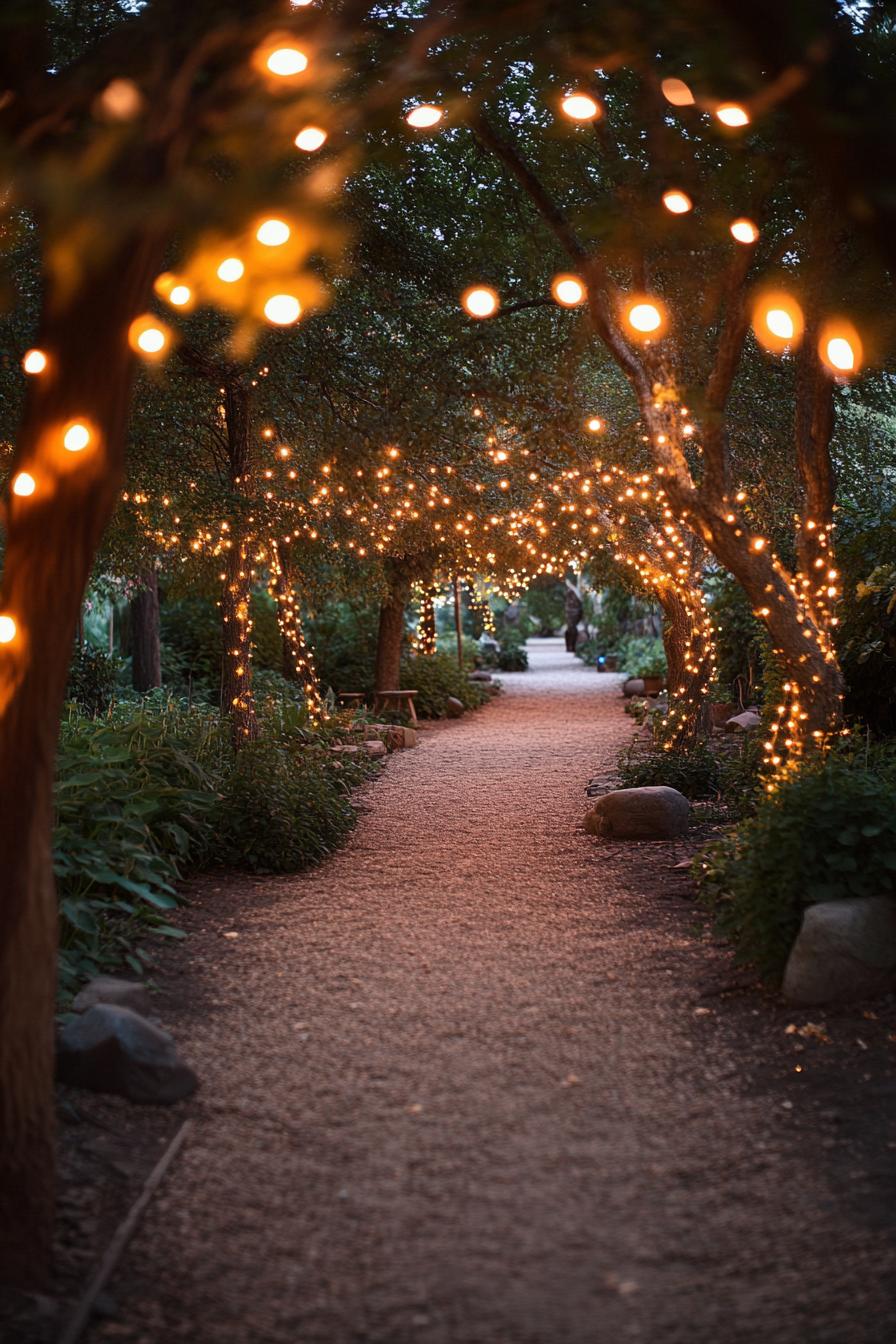 garden path with trees decorated with fairy lights the path is lined with LED garden lights 3