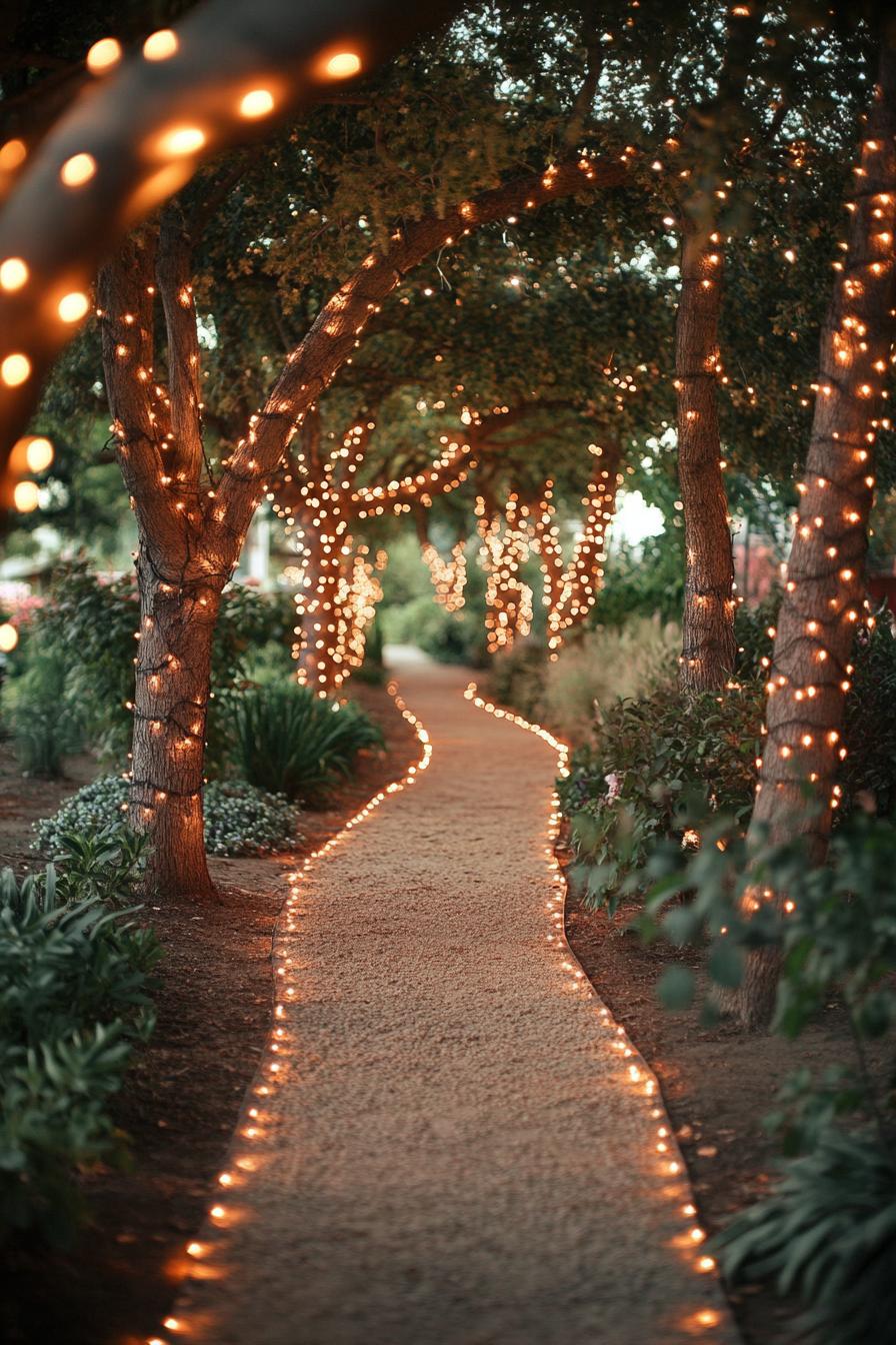 garden path with trees decorated with fairy lights the path is lined with LED garden lights