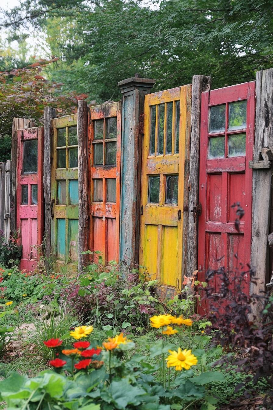 backyard garden fence decor with recycled colorful doors