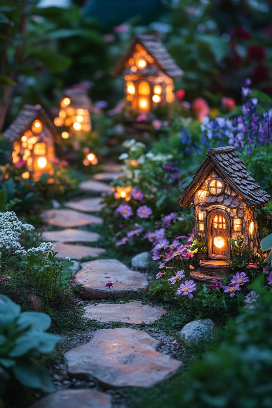 modern home backyard with flowers and a paved path bordered with garden lights made of tiny fairy houses with LED lamps in them