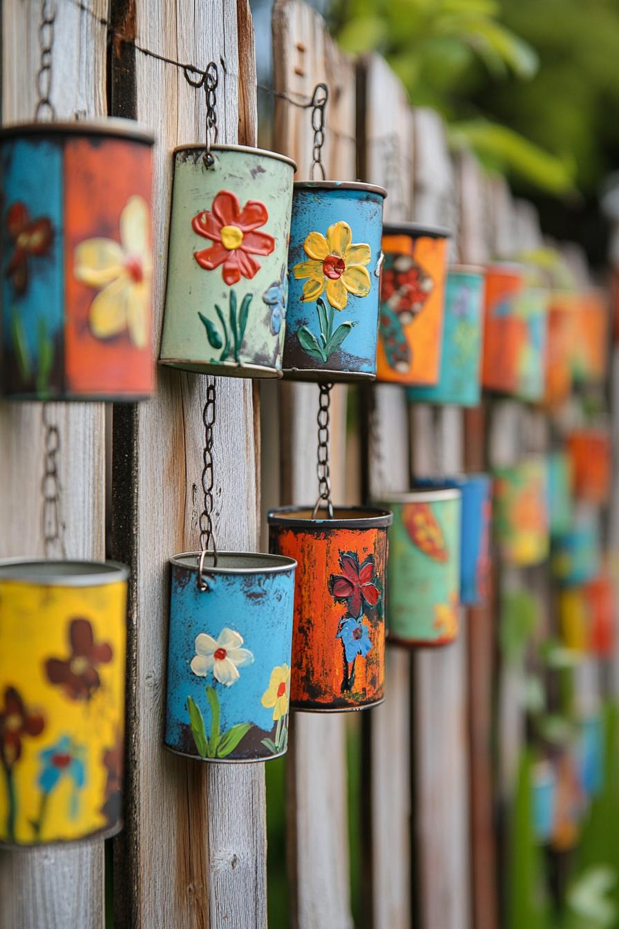 backyard fence decorated with hanging recyled tin cans painted with flower art each can hung on nail and chain on each fence slat