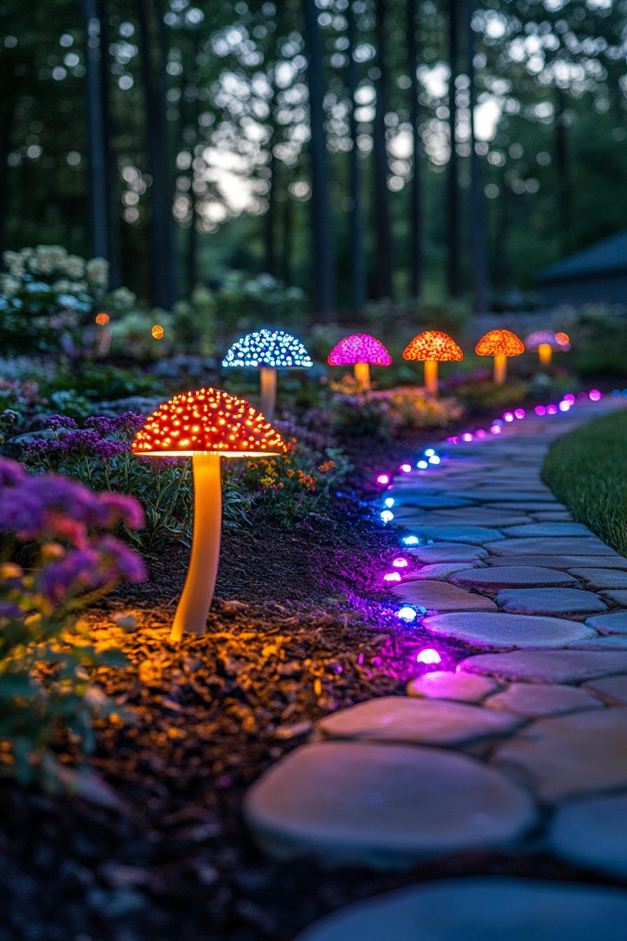 modern home backyard with flowers and a paved path bordered with colorful LED mushroom lamps 1