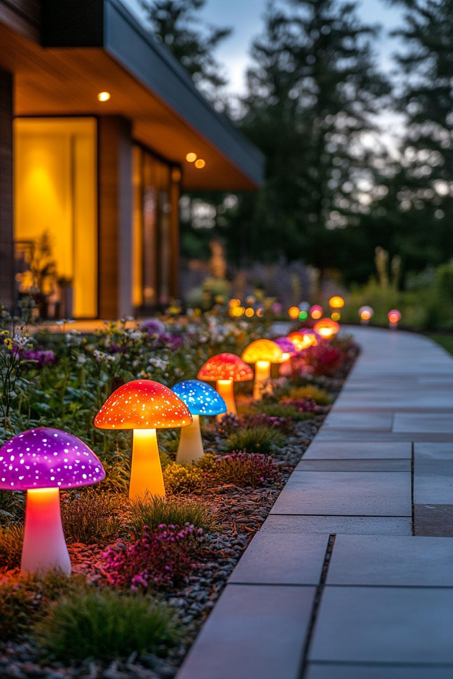 modern home backyard with flowers and a paved path bordered with colorful LED mushroom lamps 2