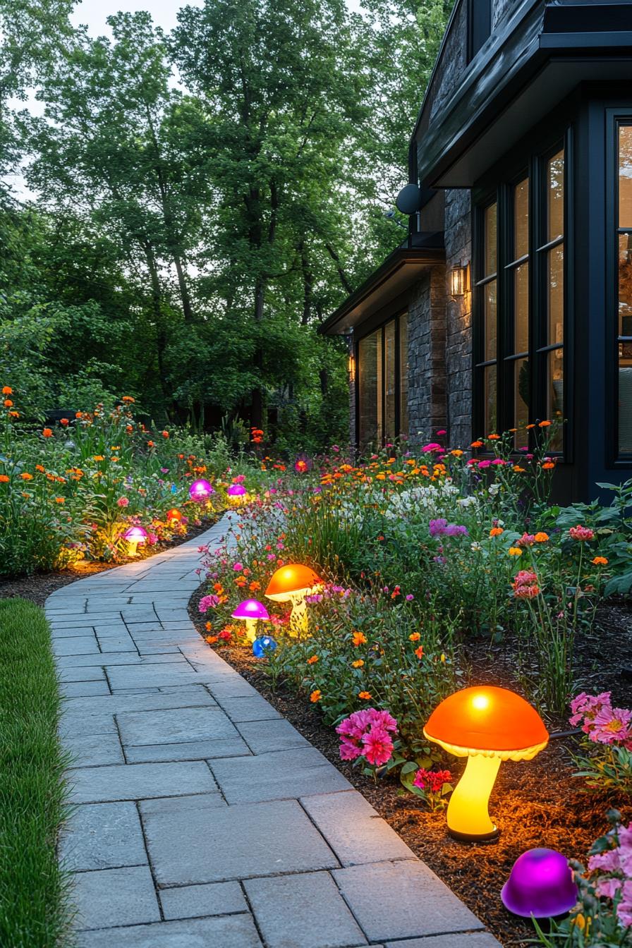 modern home backyard with flowers and a paved path bordered with colorful LED mushroom lamps