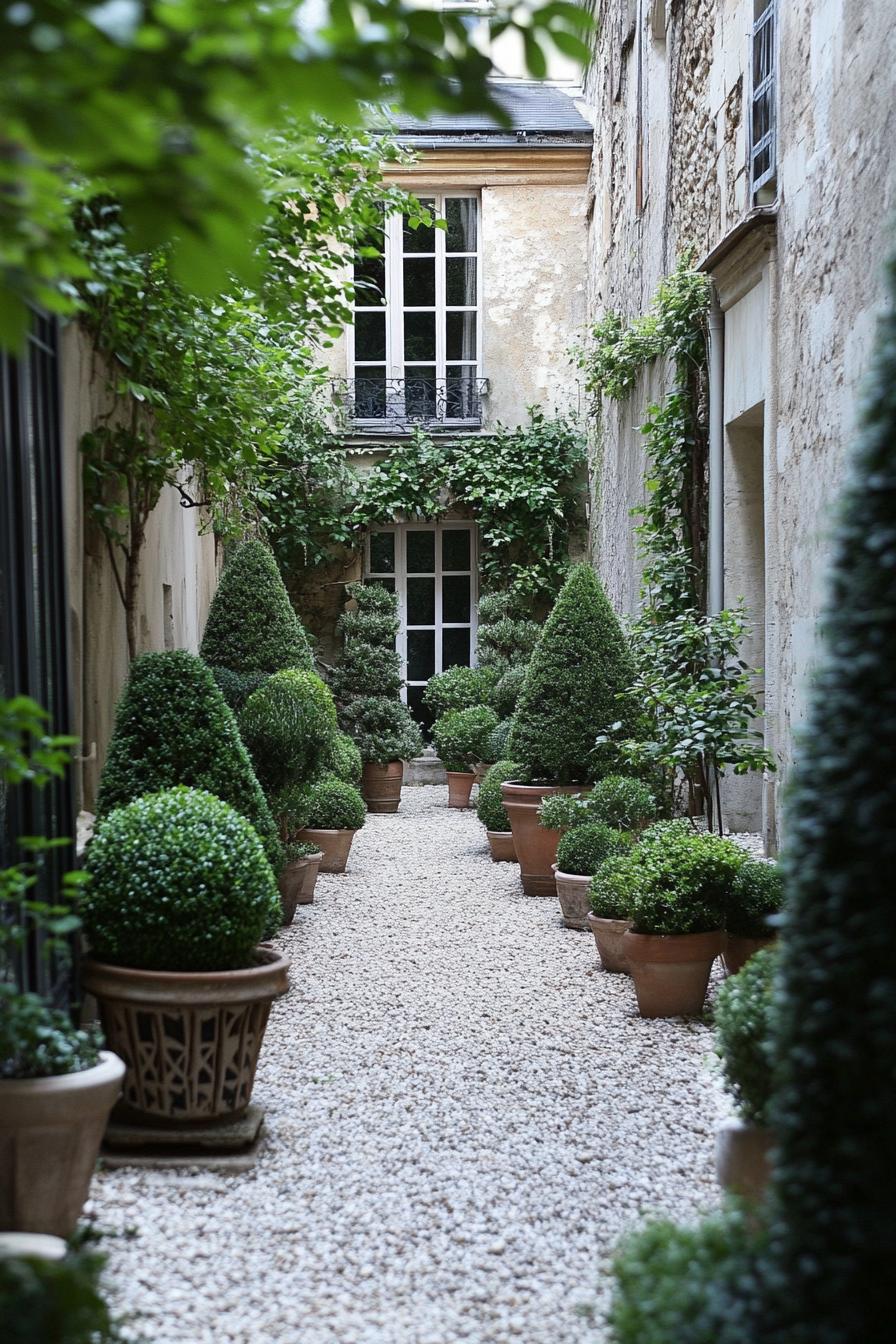 French backyard garden with gravel and potted small trees with geometric trimming 1