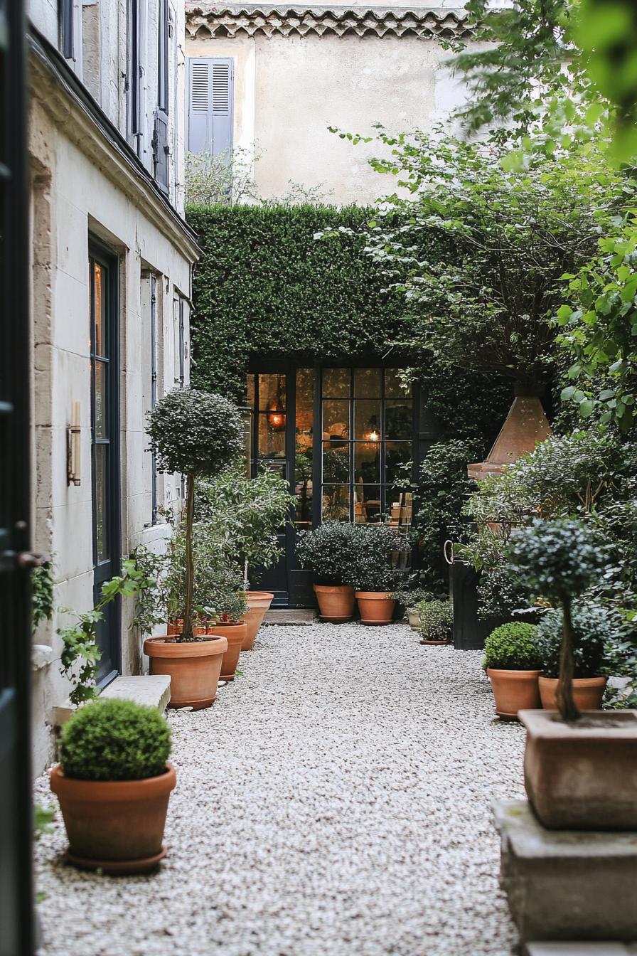 French backyard garden with gravel and potted small trees with geometric trimming 2