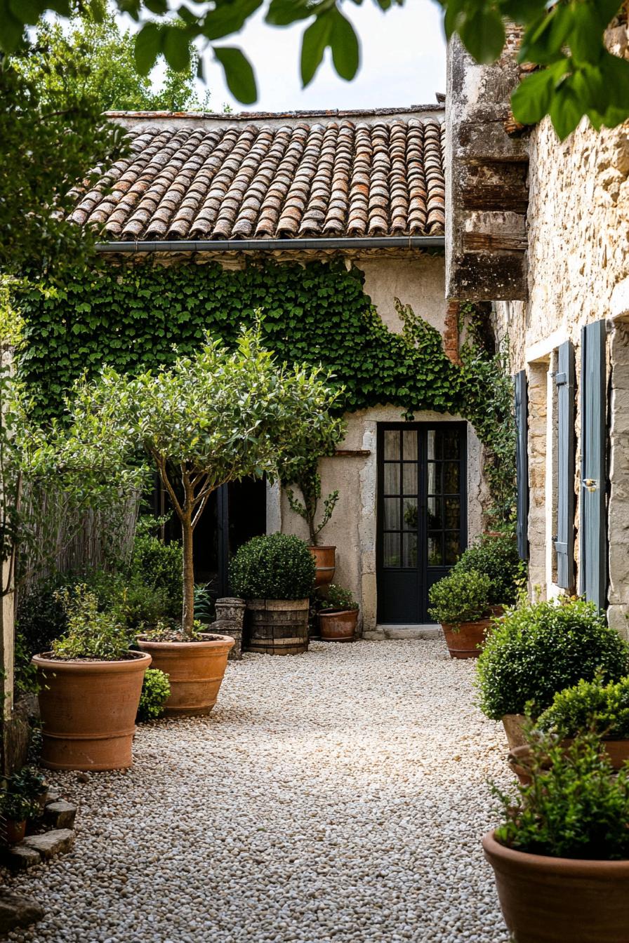 French backyard garden with gravel and potted small trees with geometric trimming 3