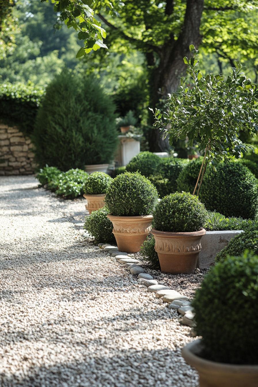 French backyard garden with gravel and potted small trees with geometric trimming