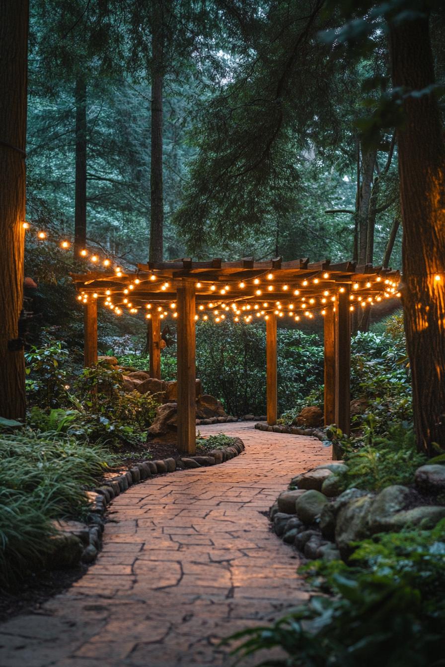 a paved path through a lush garden to a pergola with string lights at the back it is dark and the lights illuminate the path tall trees are in the 1