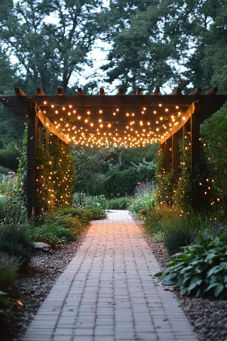 a paved path through a lush garden to a pergola with string lights at the back it is dark and the lights illuminate the path tall trees are in the 2