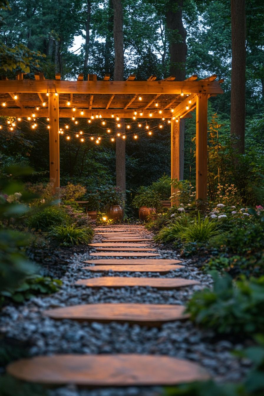 a paved path through a lush garden to a pergola with string lights at the back it is dark and the lights illuminate the path tall trees are in the 3