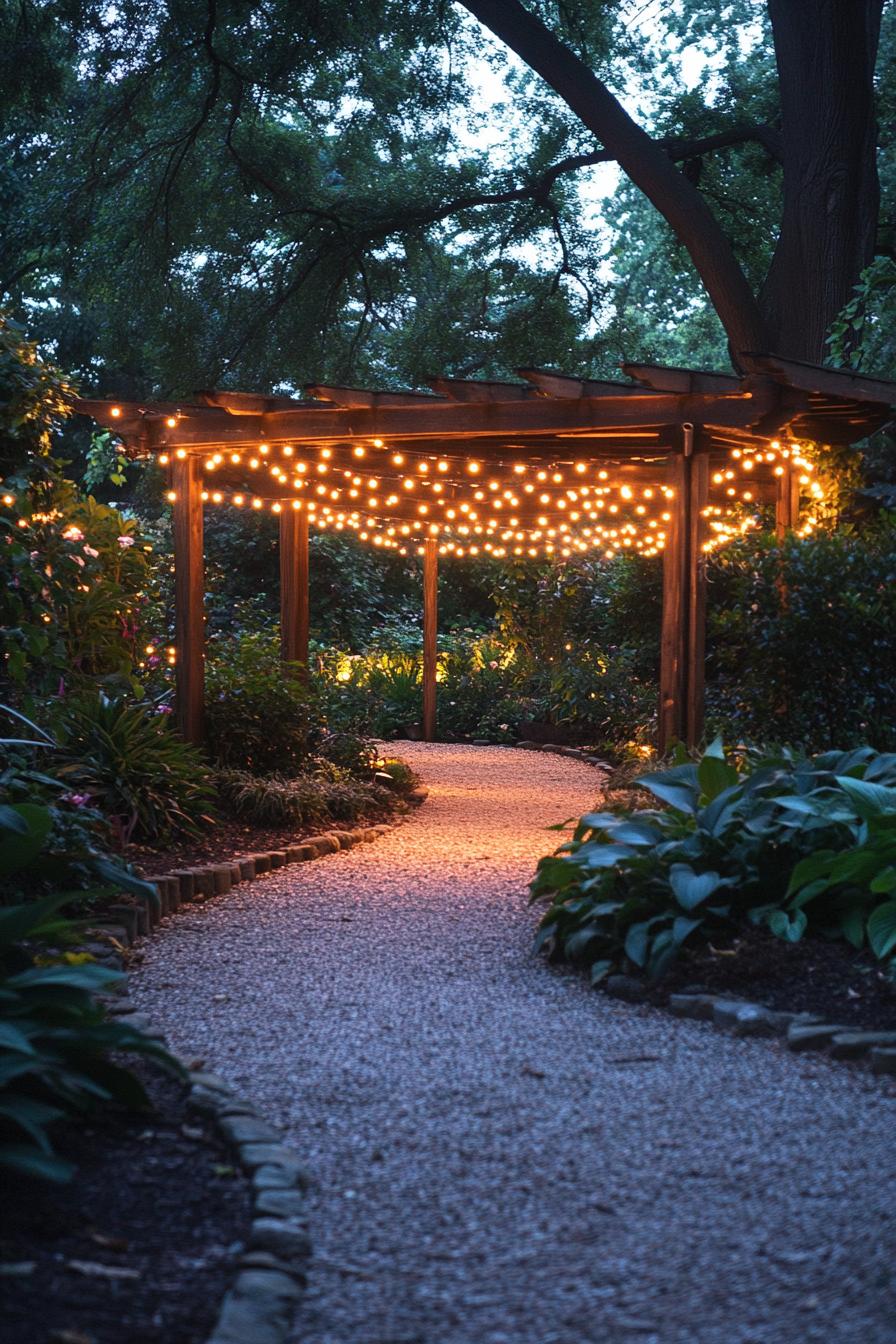 a paved path through a lush garden to a pergola with string lights at the back it is dark and the lights illuminate the path tall trees are in the