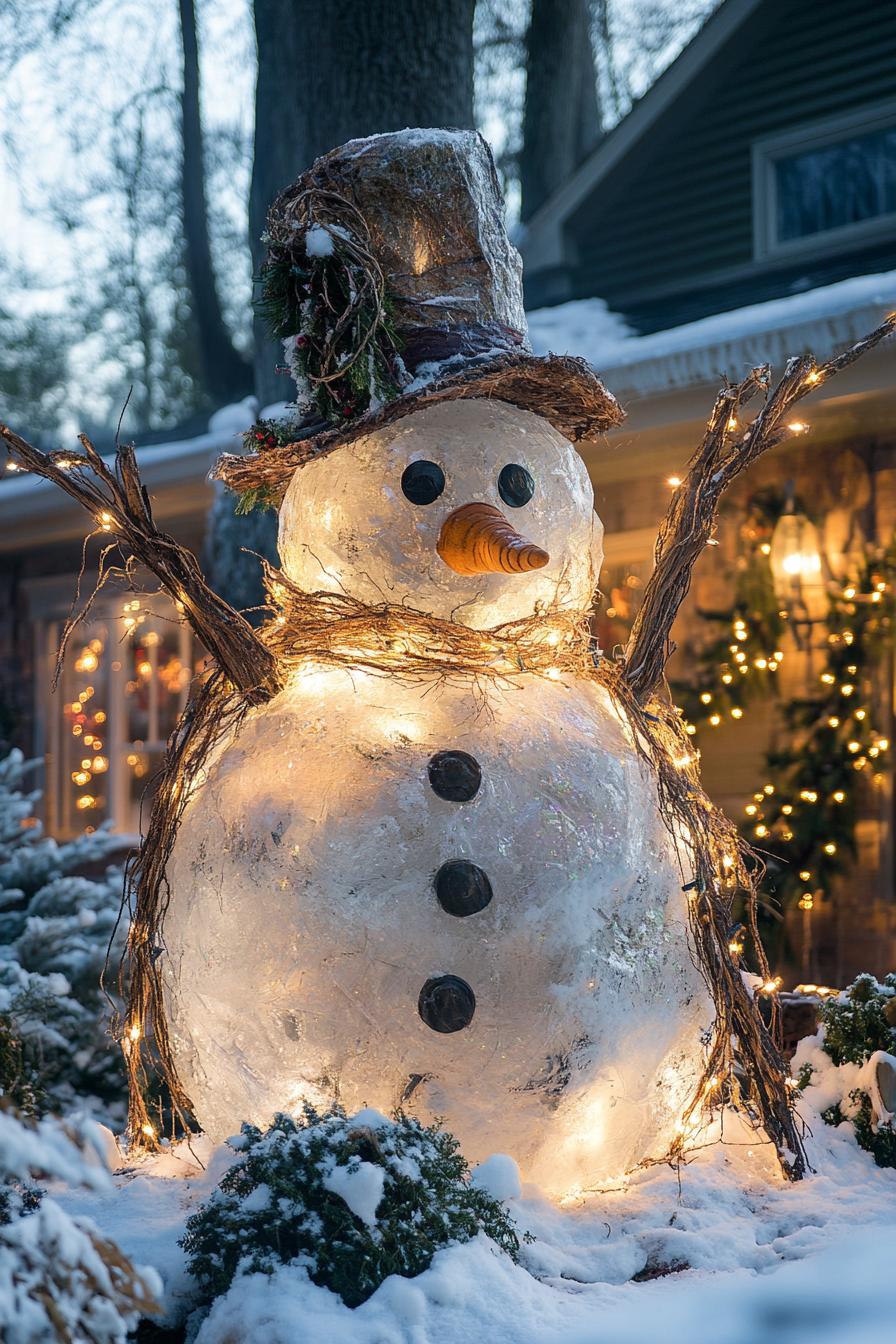 backyard Christmas decor with a snowman in a hat with branch arms the snowman is built to appear to be melting