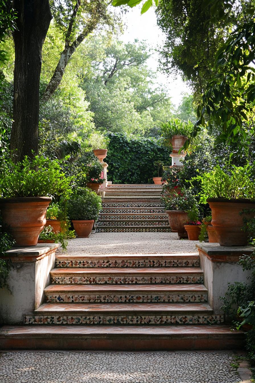 italian courtyard garden with stone tile steps and potted plants in large planters surrounded with lush trees 1