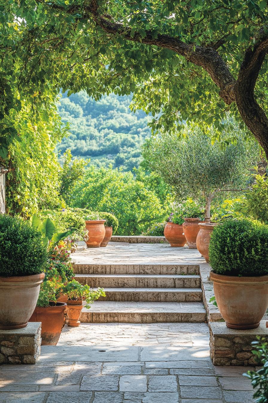 italian courtyard garden with stone tile steps and potted plants in large planters surrounded with lush trees 2