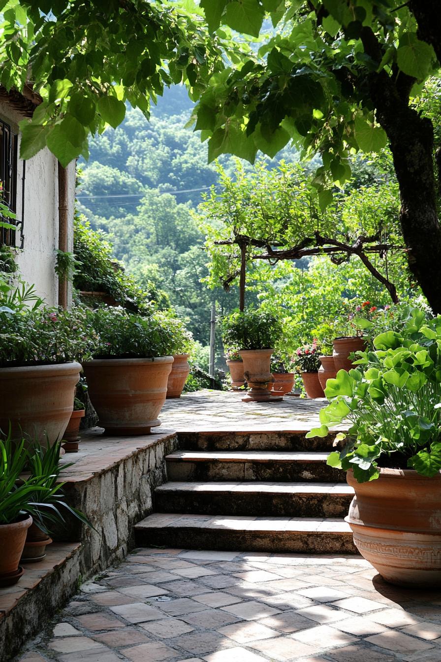 italian courtyard garden with stone tile steps and potted plants in large planters surrounded with lush trees 3