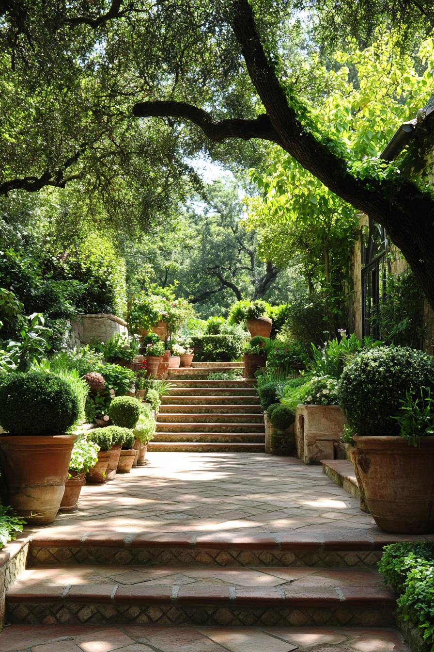 italian courtyard garden with stone tile steps and potted plants in large planters surrounded with lush trees