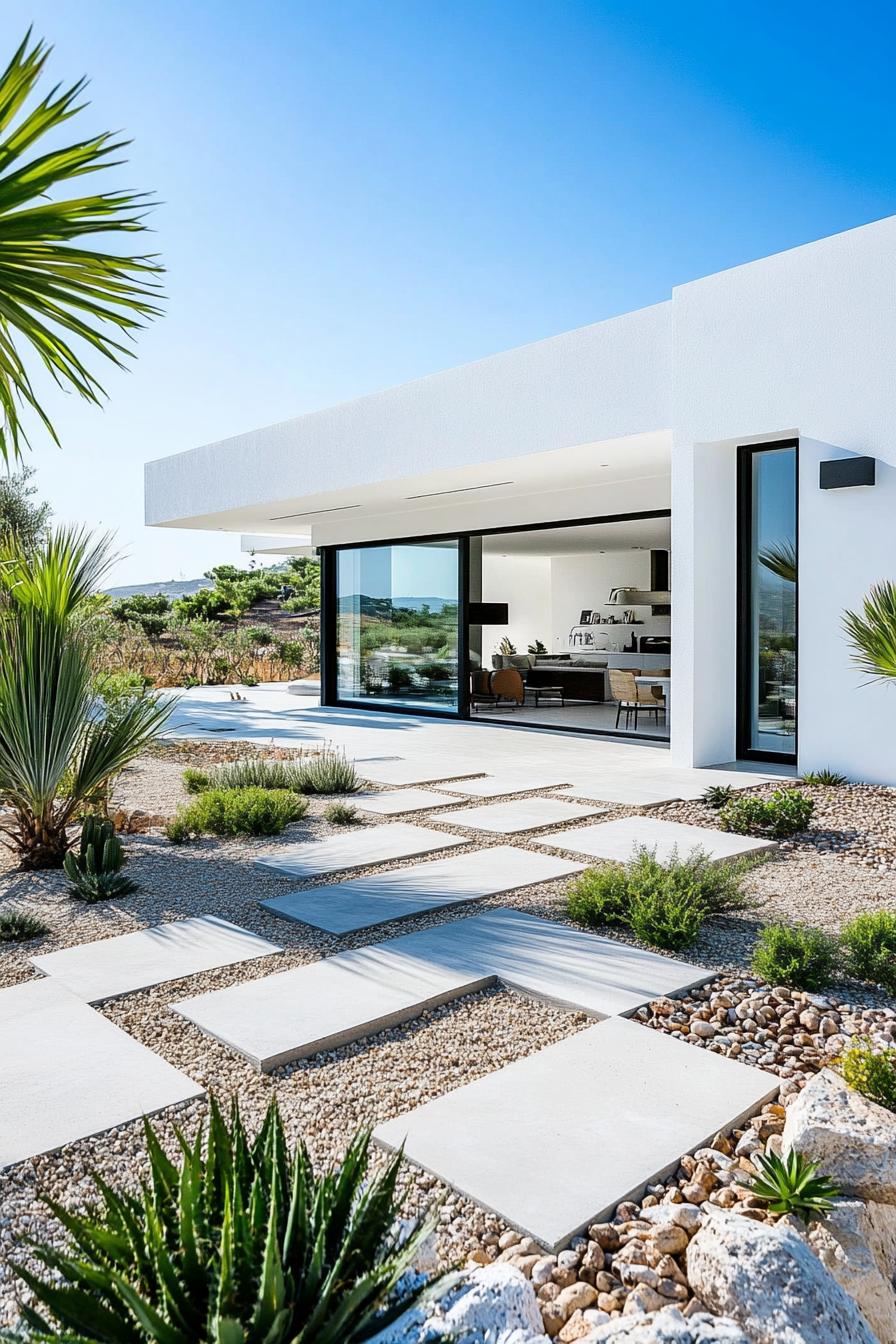 mediterranean garden of a modern white villa with geometric paving with concrete and pebbles native plants outdoor kitchen area modern sliding 1