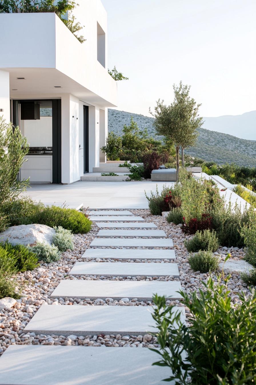 mediterranean garden of a modern white villa with geometric paving with concrete and pebbles native plants outdoor kitchen area modern sliding 2