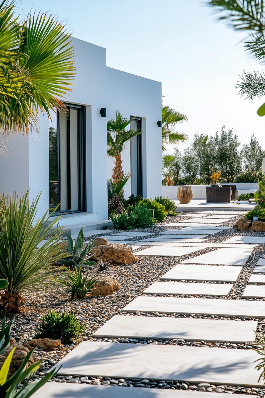 mediterranean garden of a modern white villa with geometric paving with concrete and pebbles native plants outdoor kitchen area modern sliding 3