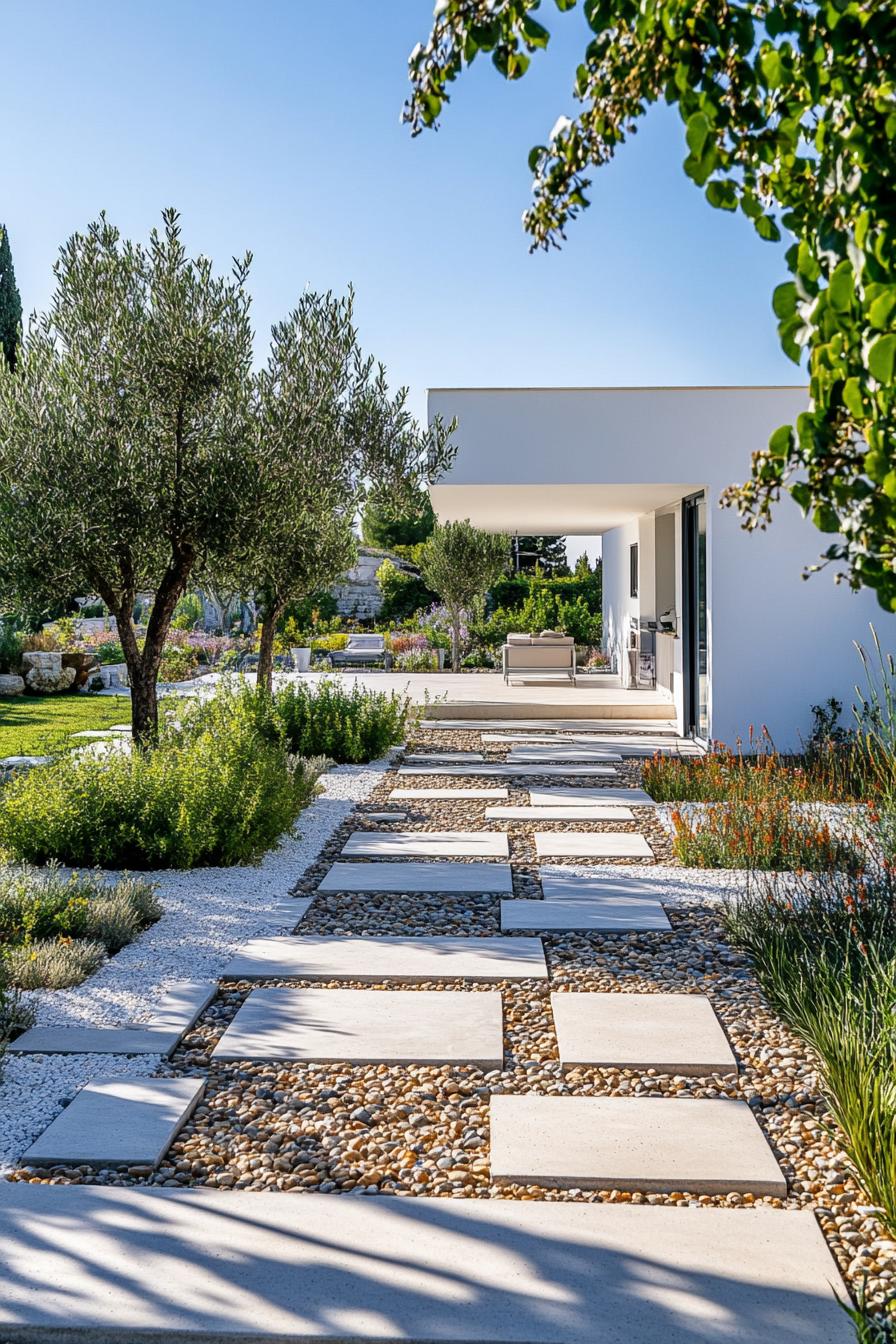 mediterranean garden of a modern white villa with geometric paving with concrete and pebbles native plants outdoor kitchen area modern sliding