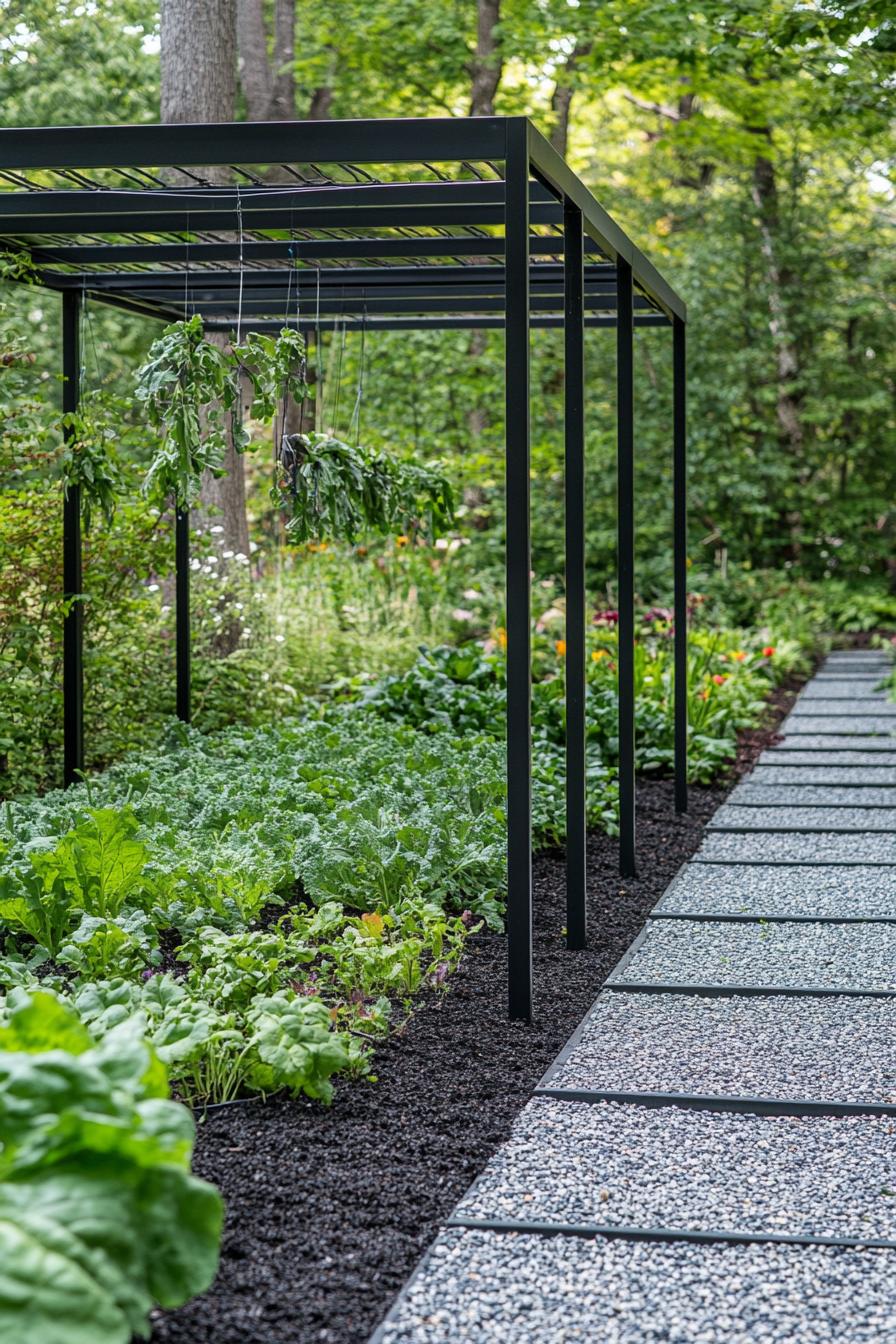 modern wall side garden with paved path modern black metal pergola with climber plants veggies planted in dark mulch along the path 1