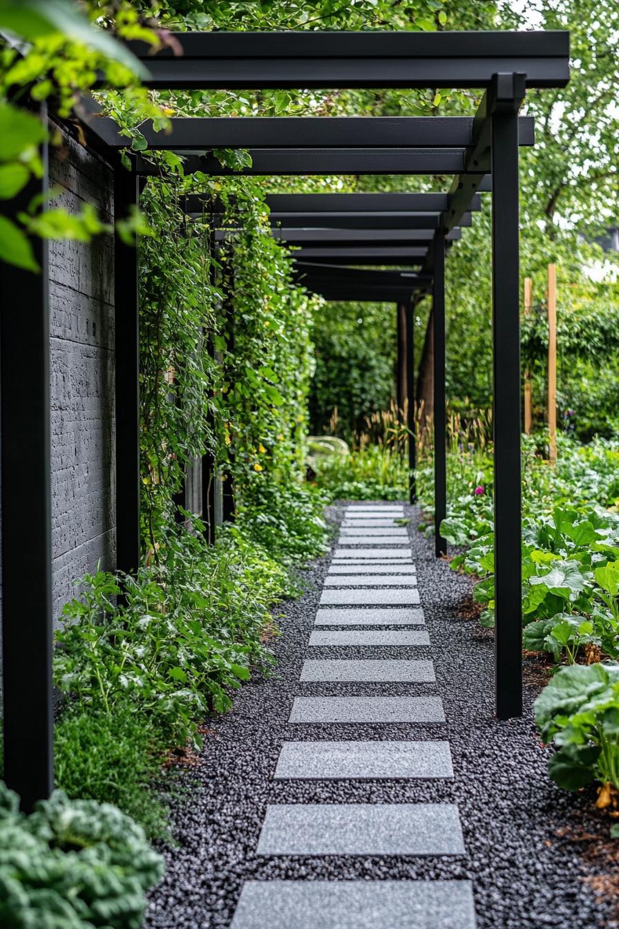 modern wall side garden with paved path modern black metal pergola with climber plants veggies planted in dark mulch along the path 2