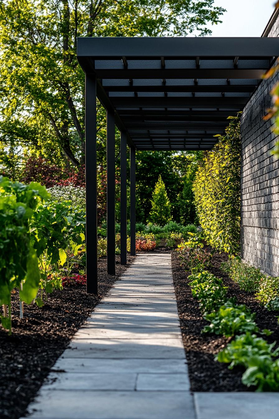 modern wall side garden with paved path modern black metal pergola with climber plants veggies planted in dark mulch along the path 3