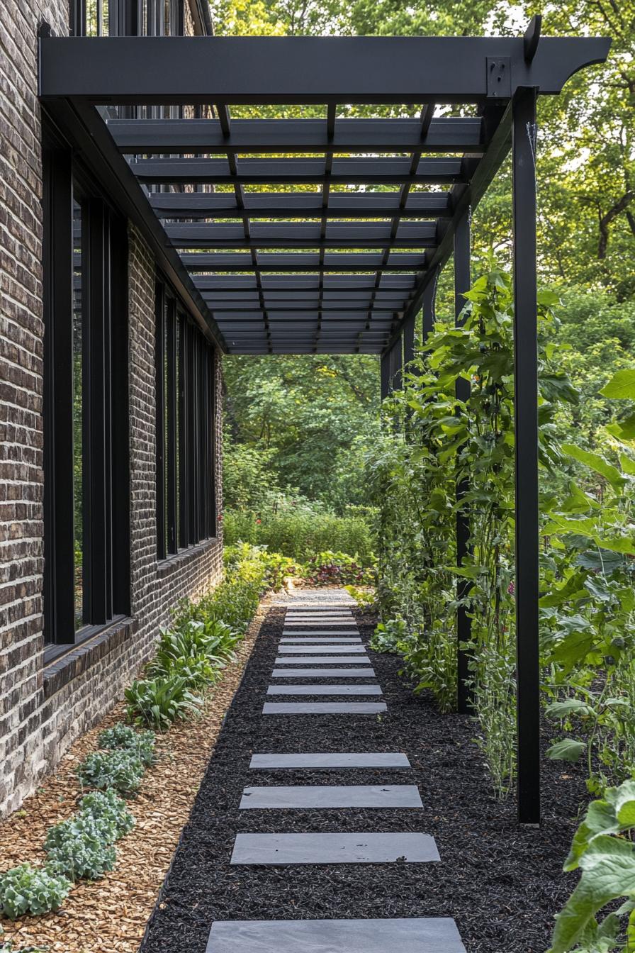 modern wall side garden with paved path modern black metal pergola with climber plants veggies planted in dark mulch along the path 4